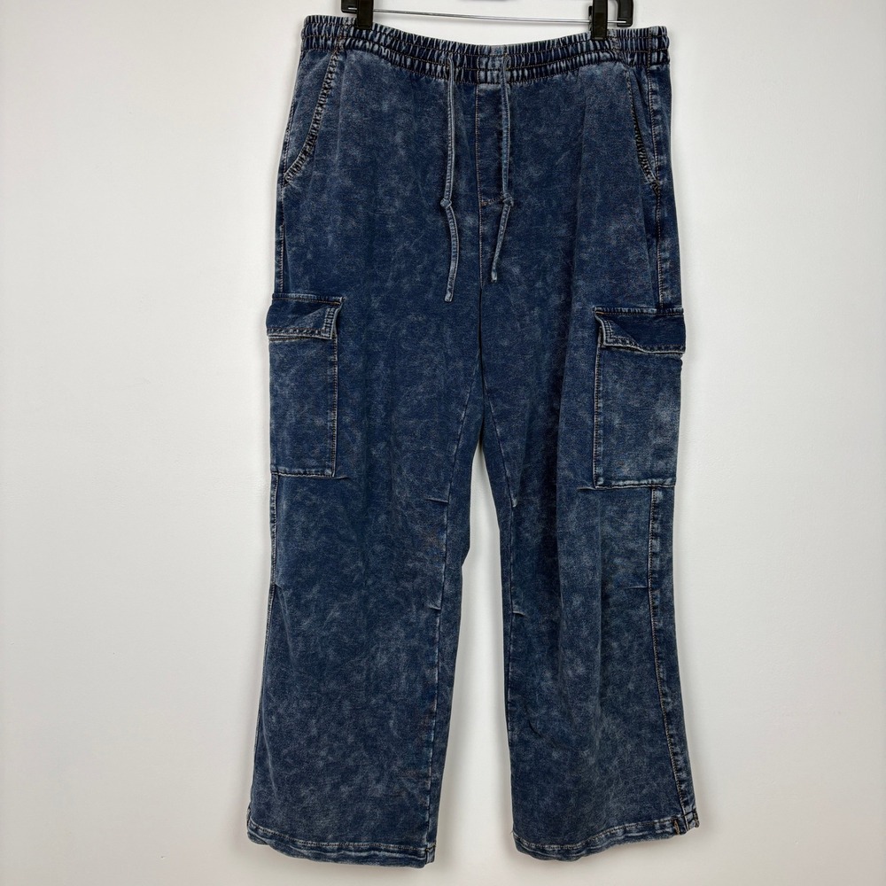 Vanilla Star Women Cargo Pants XL Blue Acid Wash Stretch Utility Wide Leg Skater